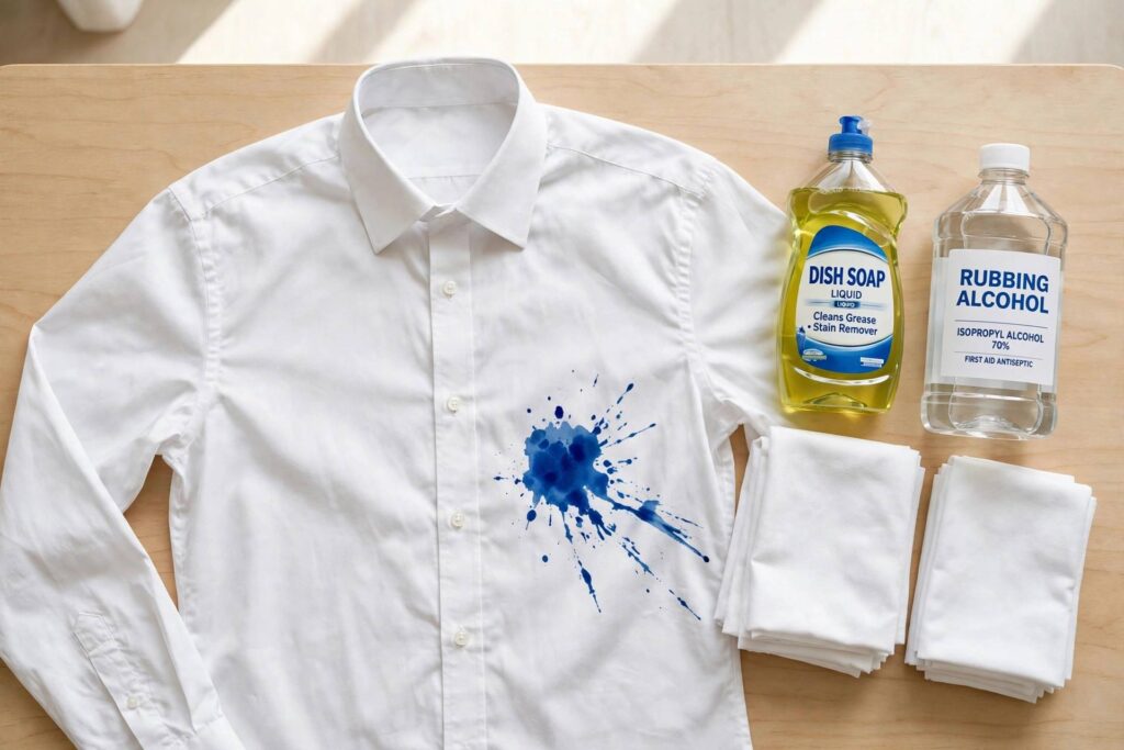 A white shirt with a blue ballpoint ink stain laid flat on a table with stain remover supplies