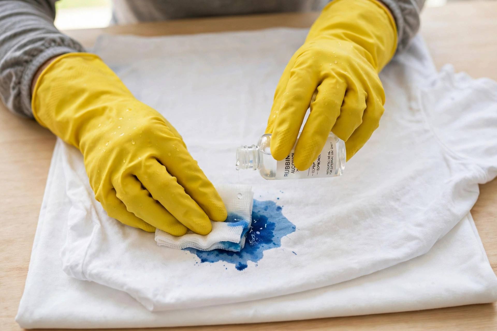 Hands in rubber gloves dabbing rubbing alcohol onto an ink stain on a white shirt
