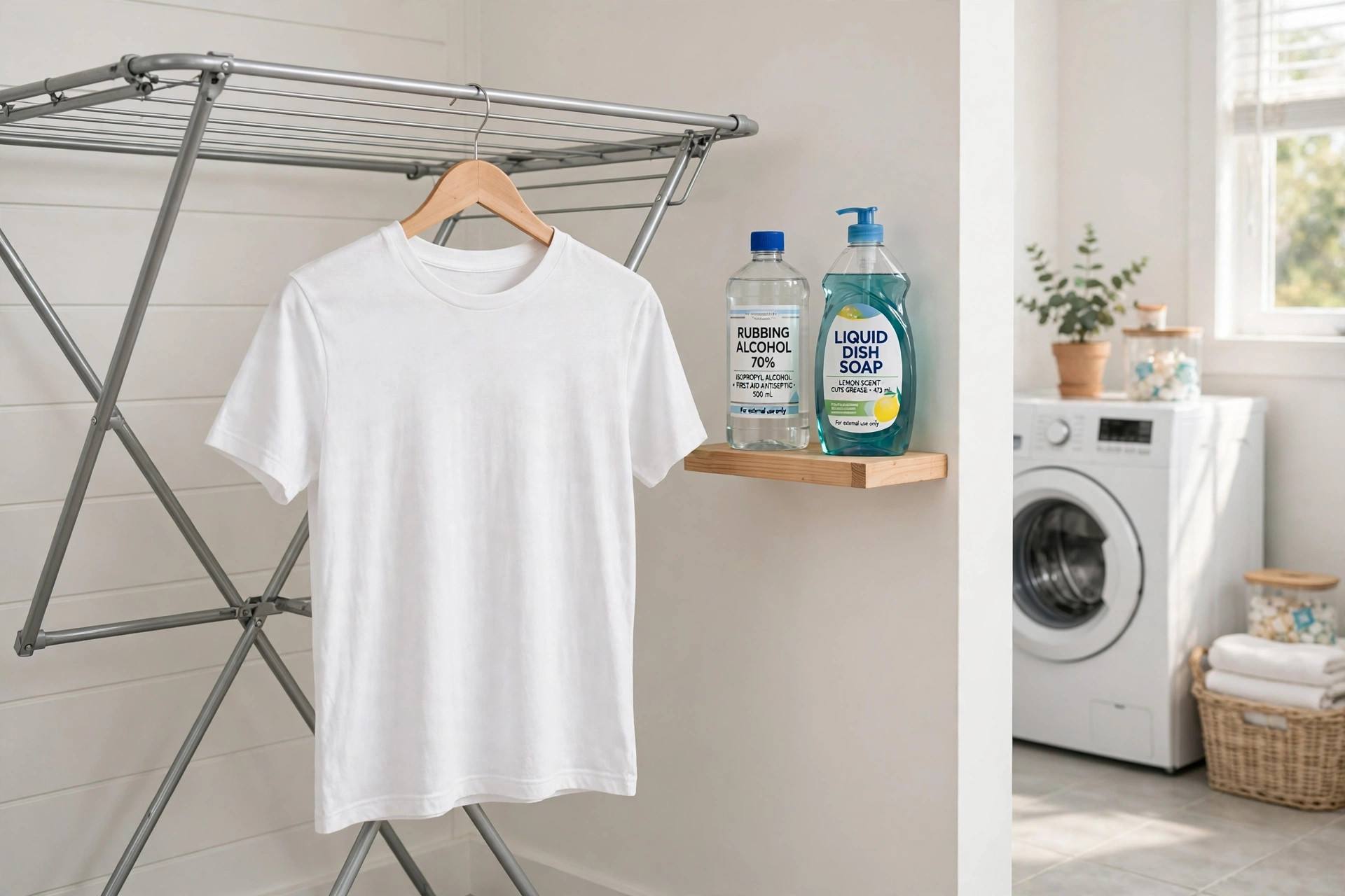 A white t-shirt air-drying on a rack with a bottle of rubbing alcohol and dish soap beside it