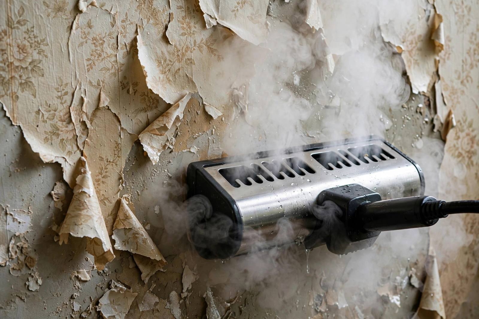 Close-up of a wallpaper steamer loosening old paper on a wall