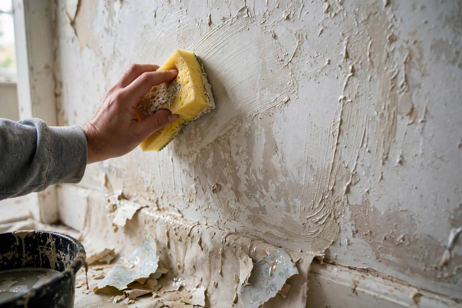 A freshly stripped wall being wiped clean of paste residue with a sponge