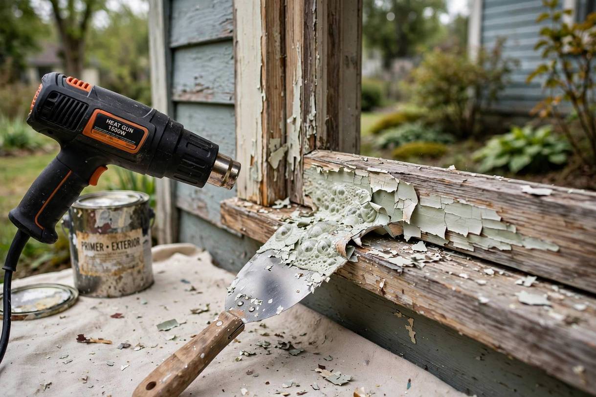 Heat gun softening old paint on wood trim with a scraper