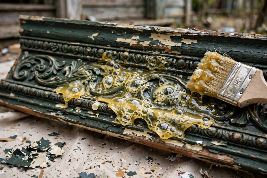Chemical paint stripper applied to detailed wood molding
