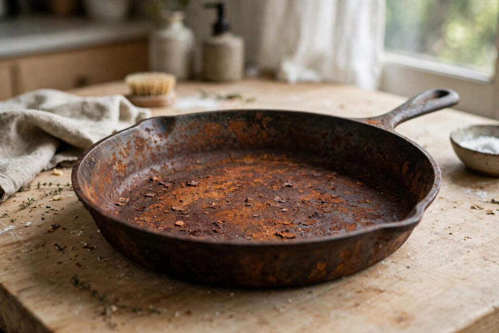 Rusty cast iron skillet before restoration on a kitchen counter