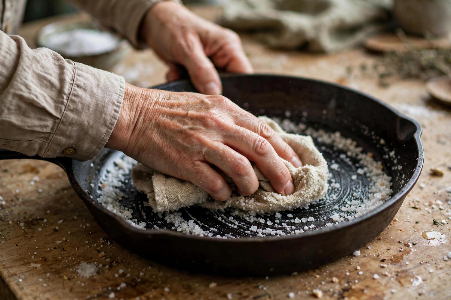 Hands scrubbing a cast iron skillet with coarse salt