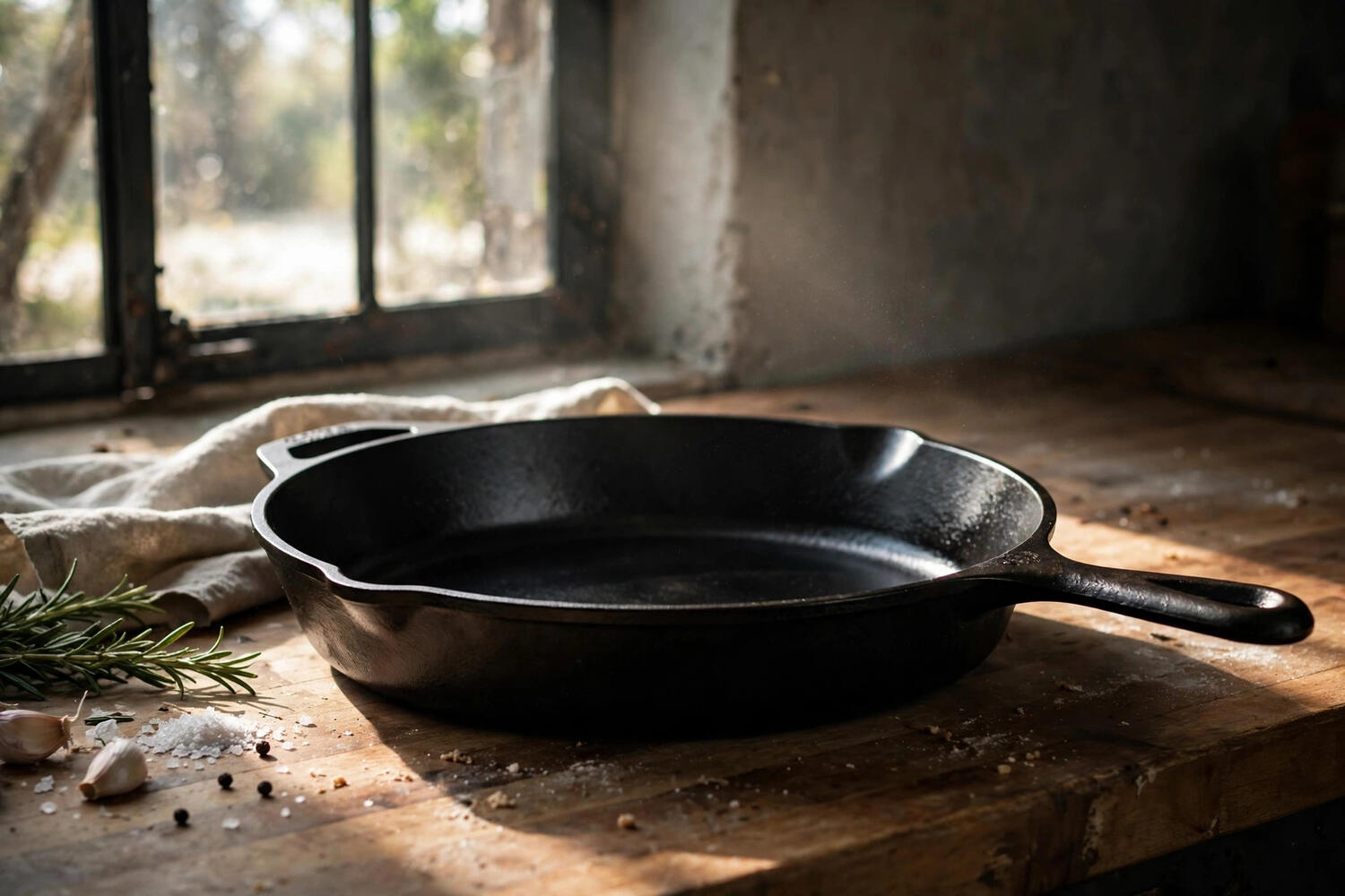 Restored seasoned cast iron skillet with glossy black surface