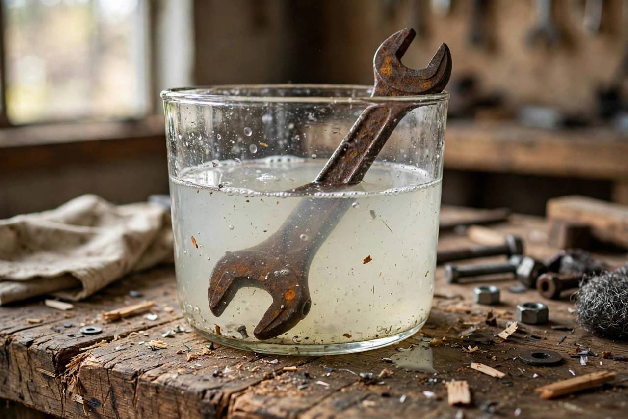 A rusty wrench soaking in a container of white vinegar on a workbench