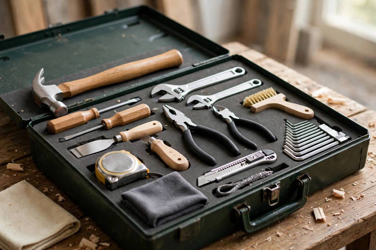 Clean restored hand tools neatly organized in a dry toolbox