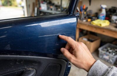 Inspecting a light scratch on a car door in a home garage
