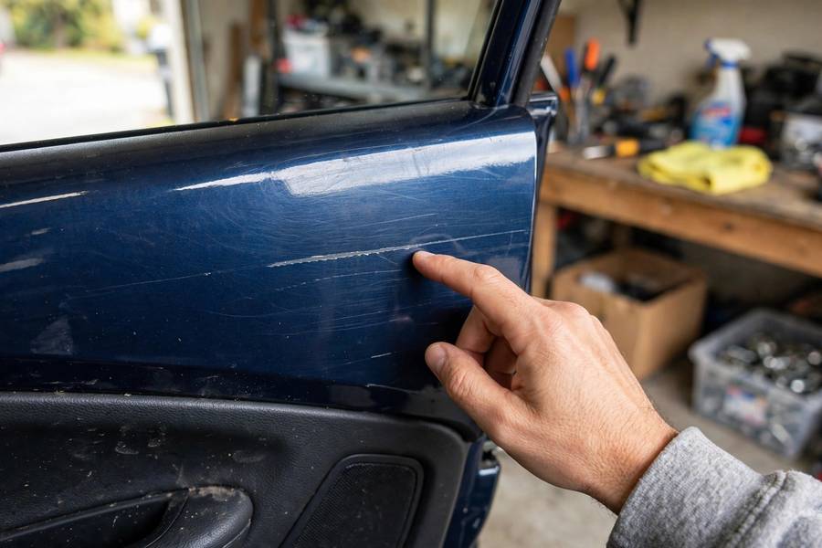 Inspecting a light scratch on a car door in a home garage