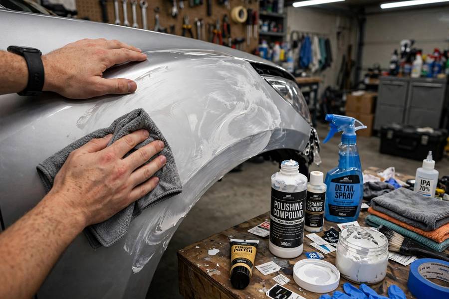 Hand-polishing a scratch with compound and a microfiber cloth