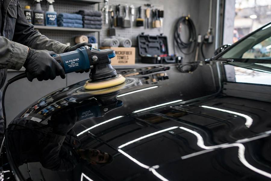 Using a dual-action polisher on a car hood