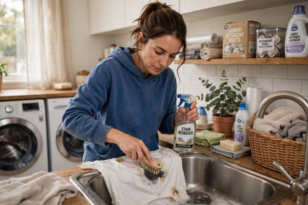 Person treating a clothing stain in a laundry room