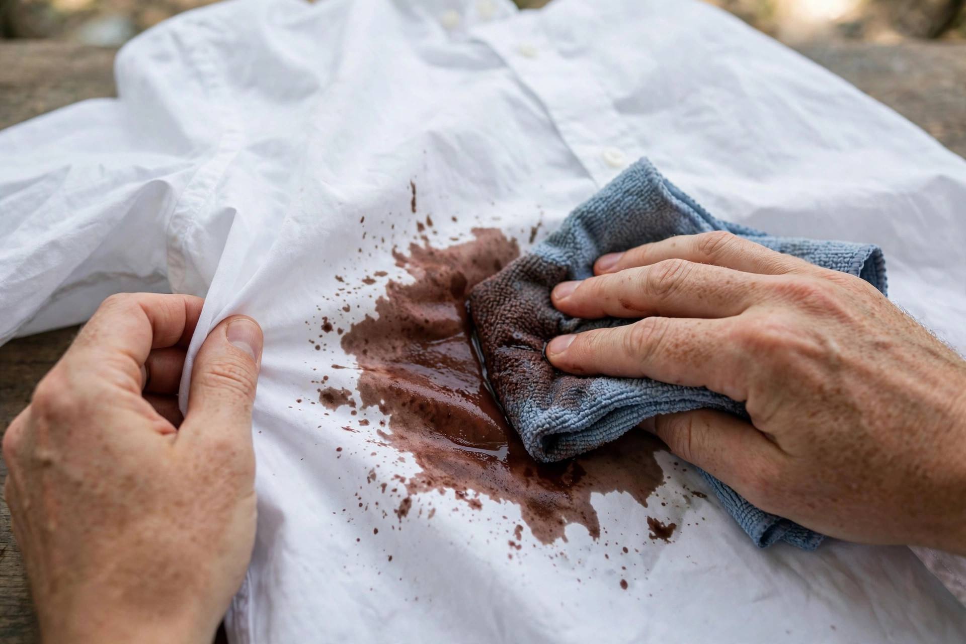 Hands blotting a fresh stain on a white shirt with cloth
