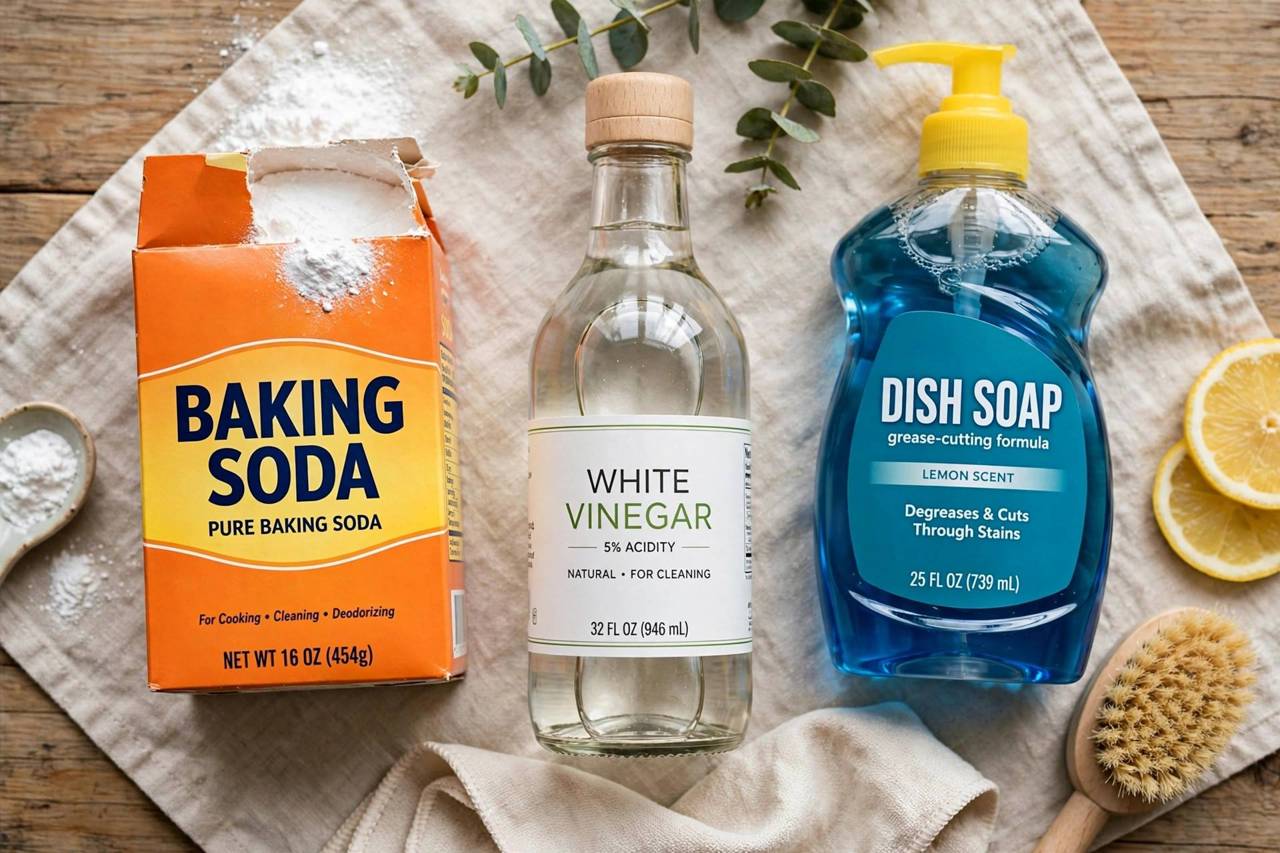 Stain removal supplies: baking soda, vinegar, and dish soap