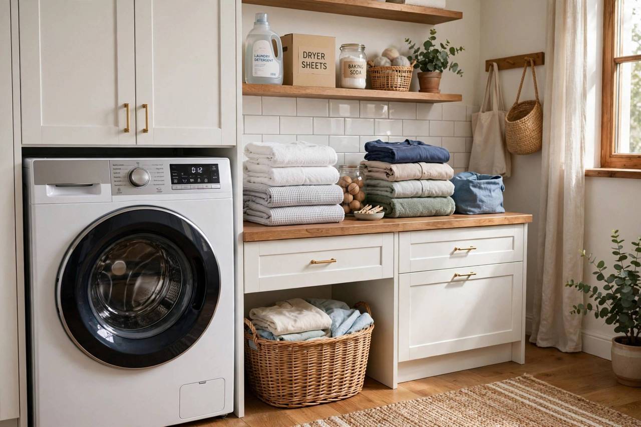 Laundry room with washing machine and folded clean clothes