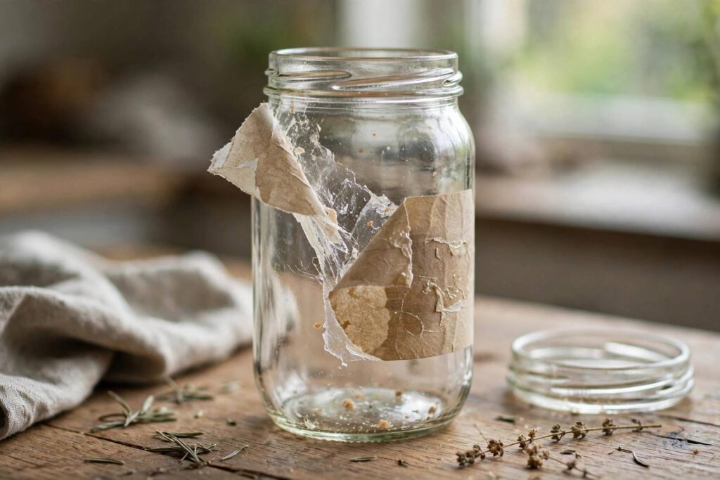 A glass jar with a half-peeled sticker showing sticky residue