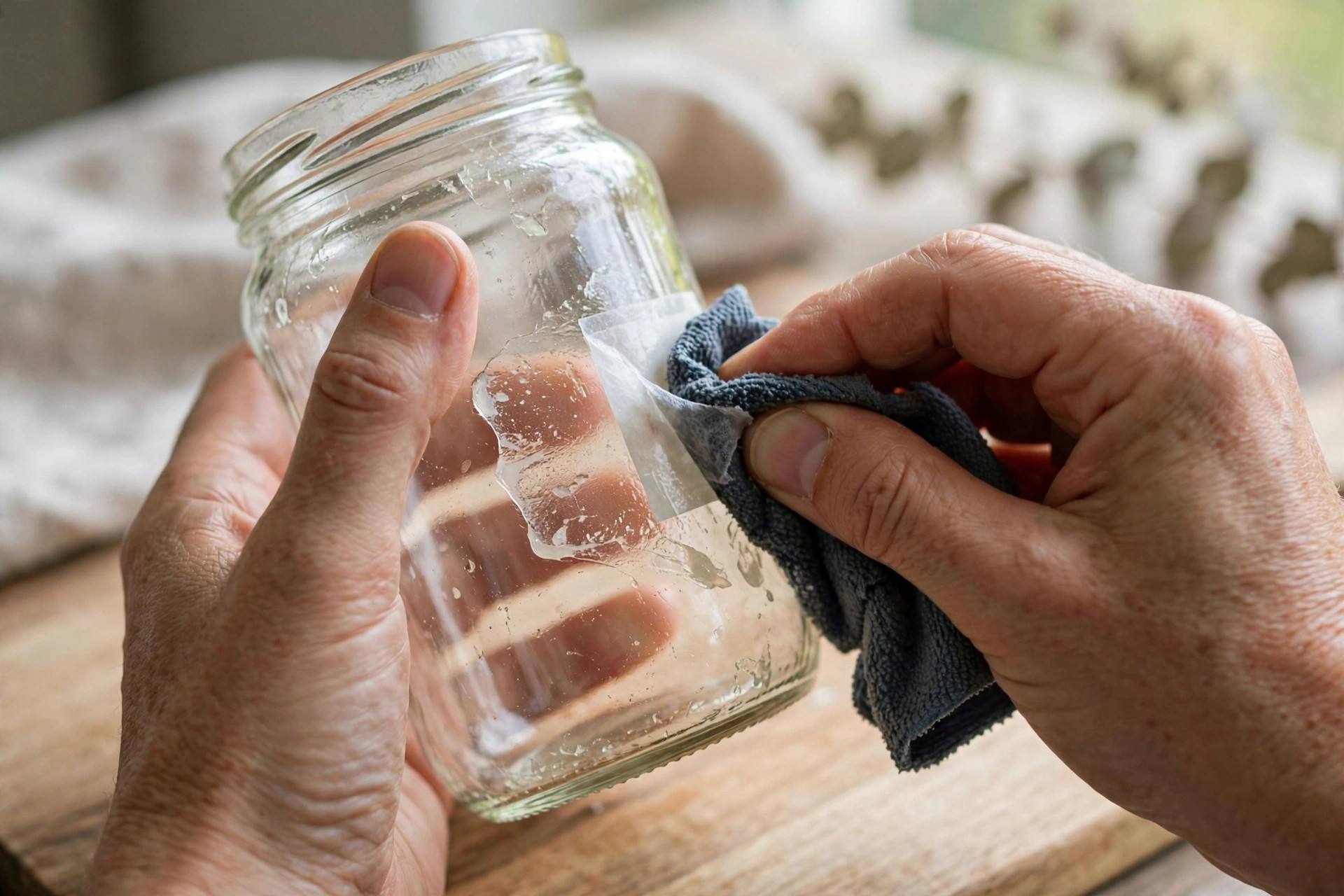 Hands rubbing a glass jar with a cloth to remove a sticky label