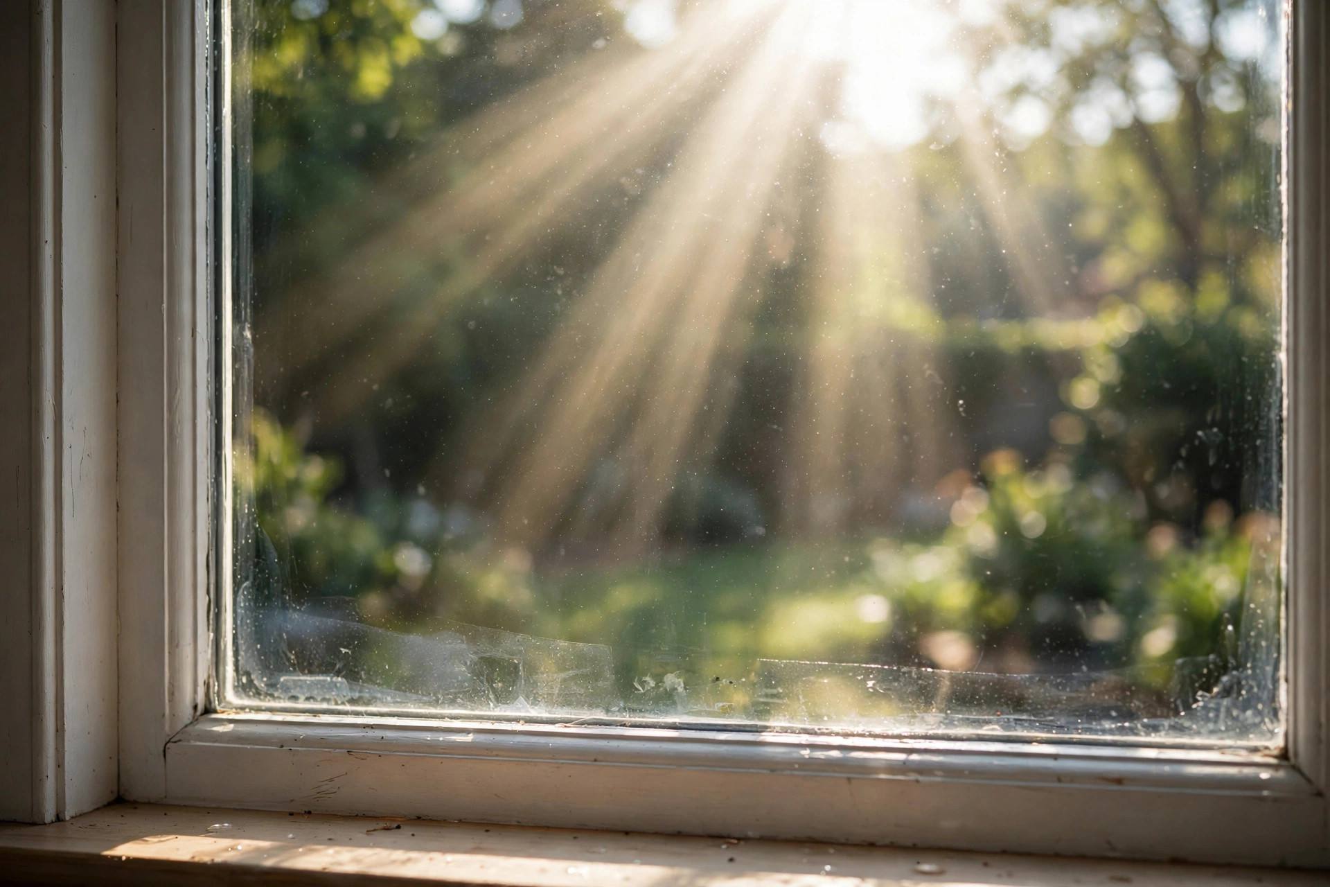 A clean sparkling glass window with sunlight streaming through after sticker removal