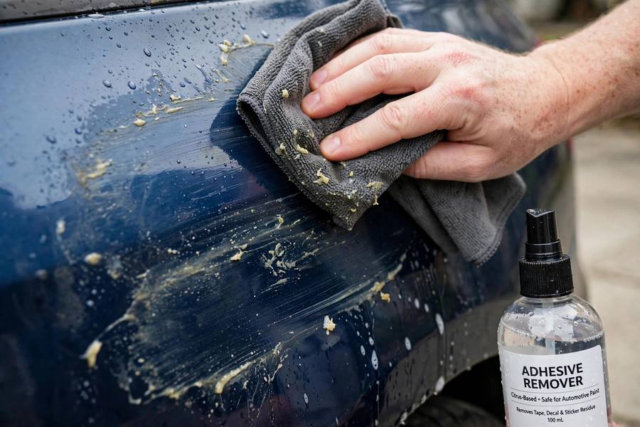 Wiping away leftover adhesive residue, the finishing touch when you learn how to remove stickers from car paint