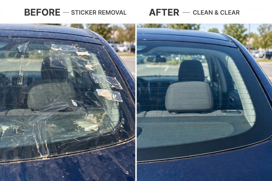 Clean rear window with all stickers gone, the result of knowing how to remove stickers from car glass