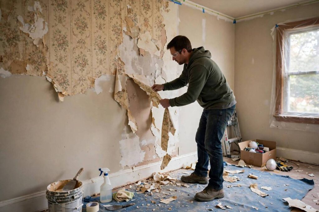 DIY homeowner removing old wallpaper during a room renovation