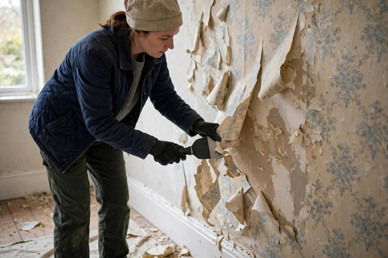 Person peeling wallpaper off a wall with a scraper tool