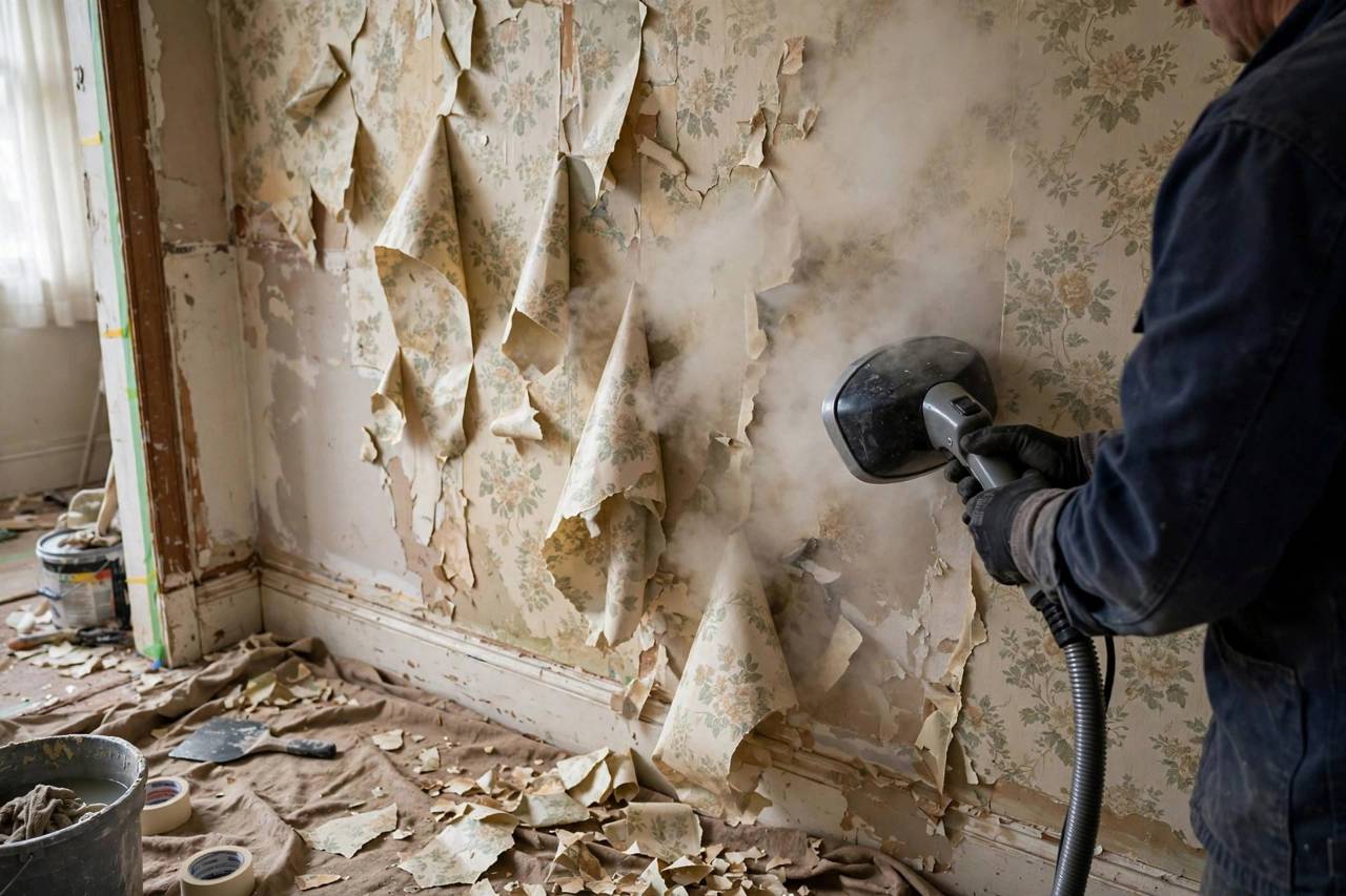 Wallpaper steamer loosening old wallpaper in a home renovation
