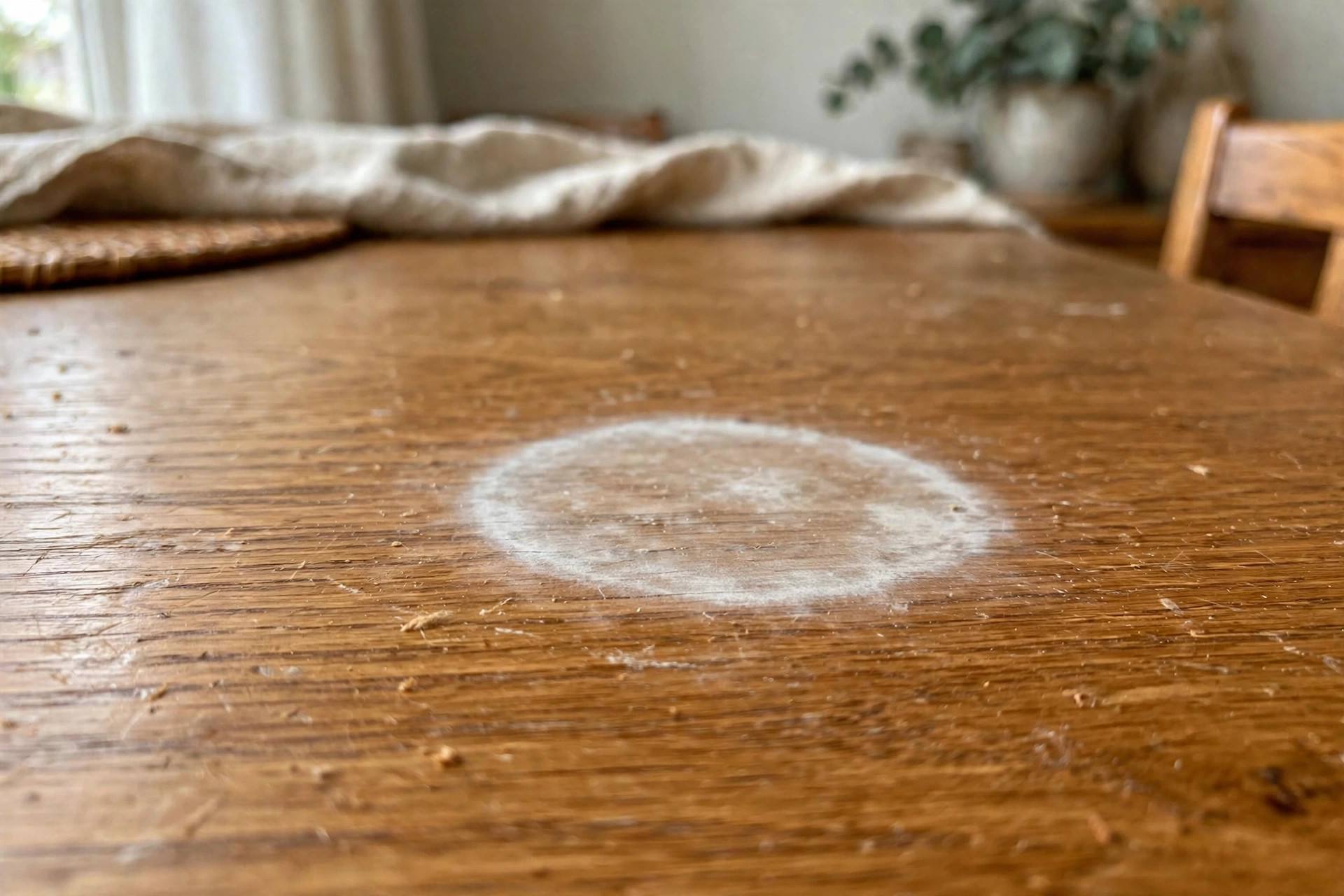Close-up of a white water ring stain on a polished oak tabletop in a dining room