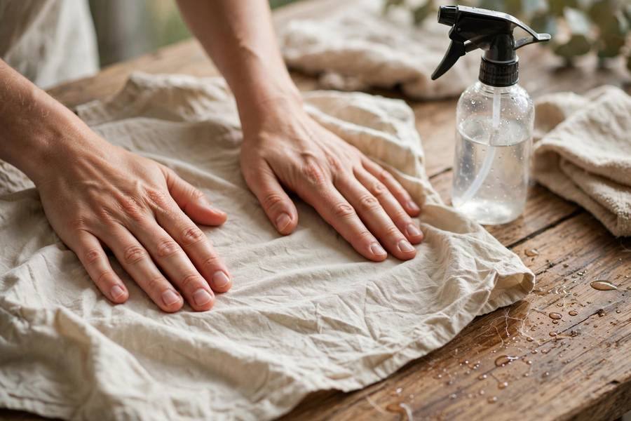 Hands smoothing a wrinkled cotton shirt with a spray bottle nearby on a table
