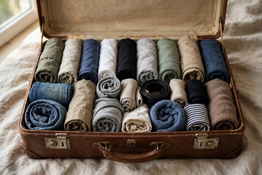 Neatly rolled clothes packed in an open suitcase ready for travel