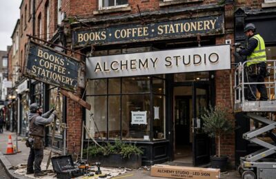 Replacing old business sign with new name during rebrand