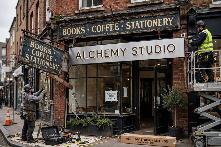 Replacing old business sign with new name during rebrand