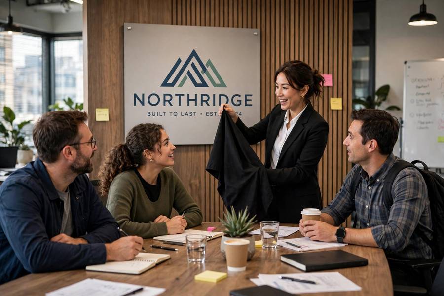 Business owner announcing new company name to team