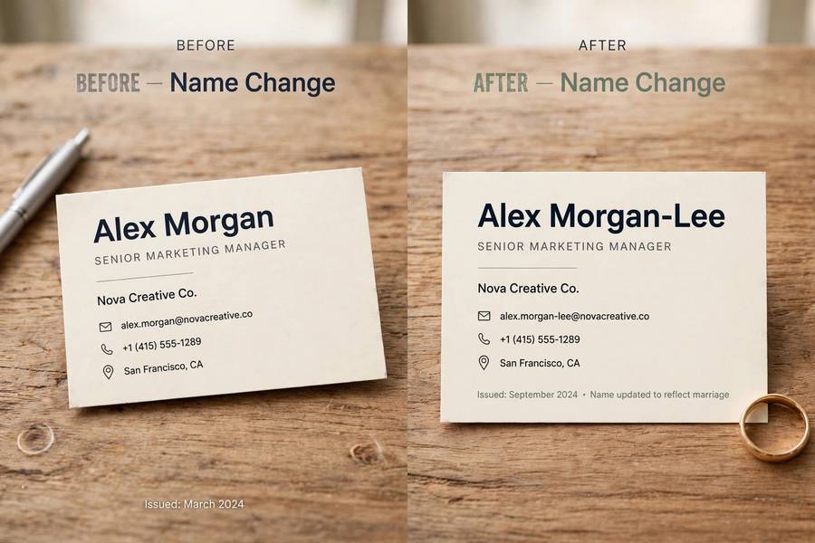 Old and new business cards showing company rename