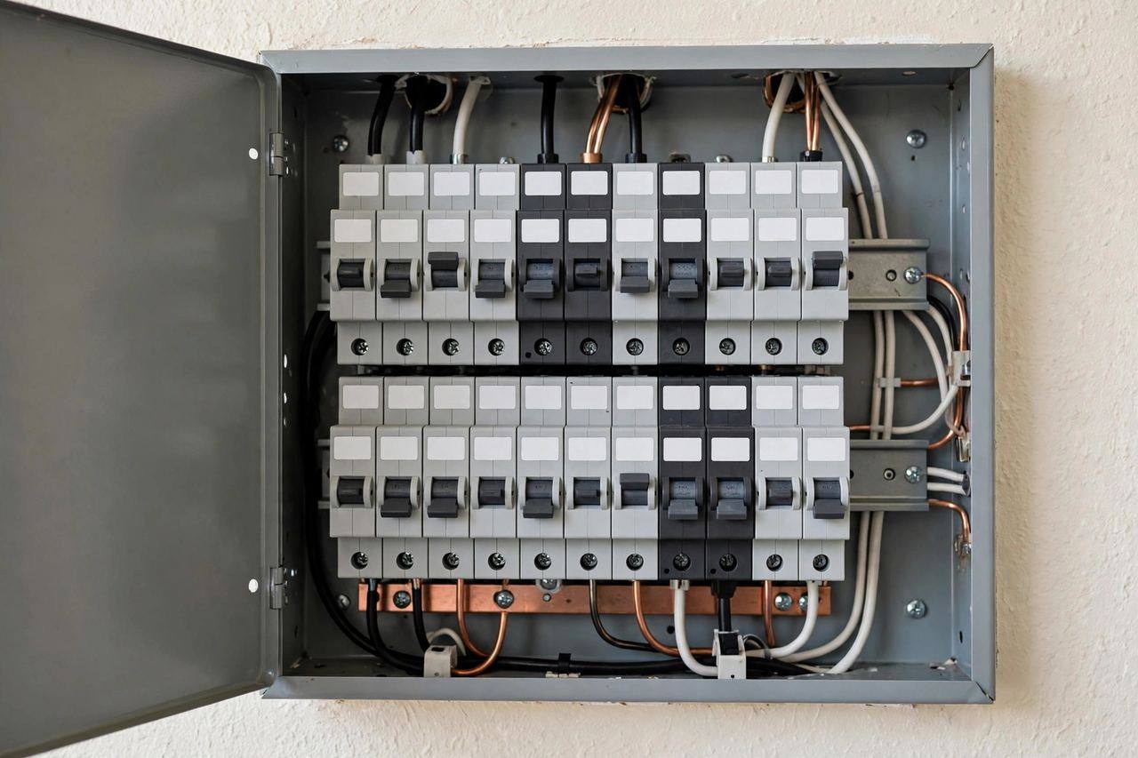 An open home breaker panel with labeled circuit switches — always cut power at the breaker first