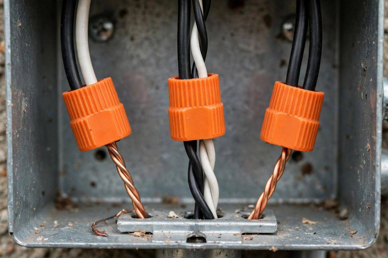 A close-up of electrical wires secured with orange wire nuts inside a switch box