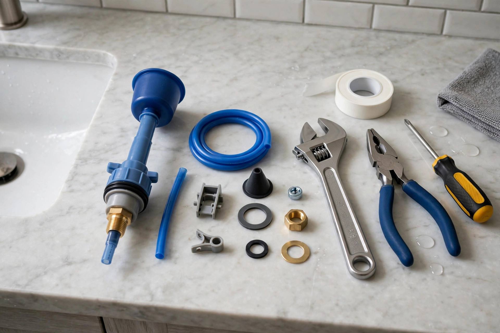 New universal toilet fill valve kit with parts laid out on a bathroom counter next to basic tools