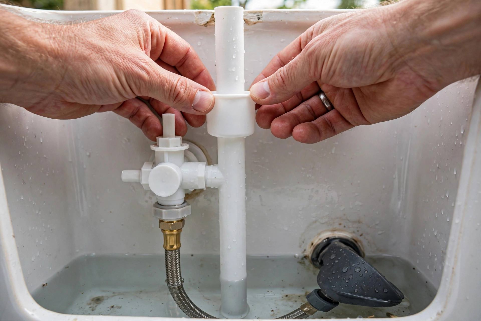 Hands adjusting the float cup on a newly installed toilet fill valve inside the tank