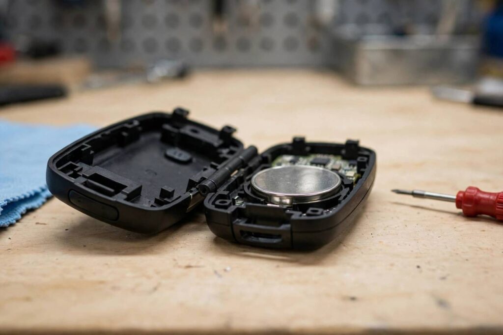 Car key fob opened showing the coin-cell battery inside on a workbench