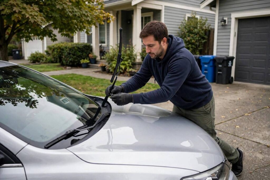 Car owner replacing windshield wiper blade on a sedan in a driveway