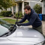 How to Replace Windshield Wipers: A 10-Minute Job Anyone Can Do Car owner replacing windshield wiper blade on a sedan in a driveway
