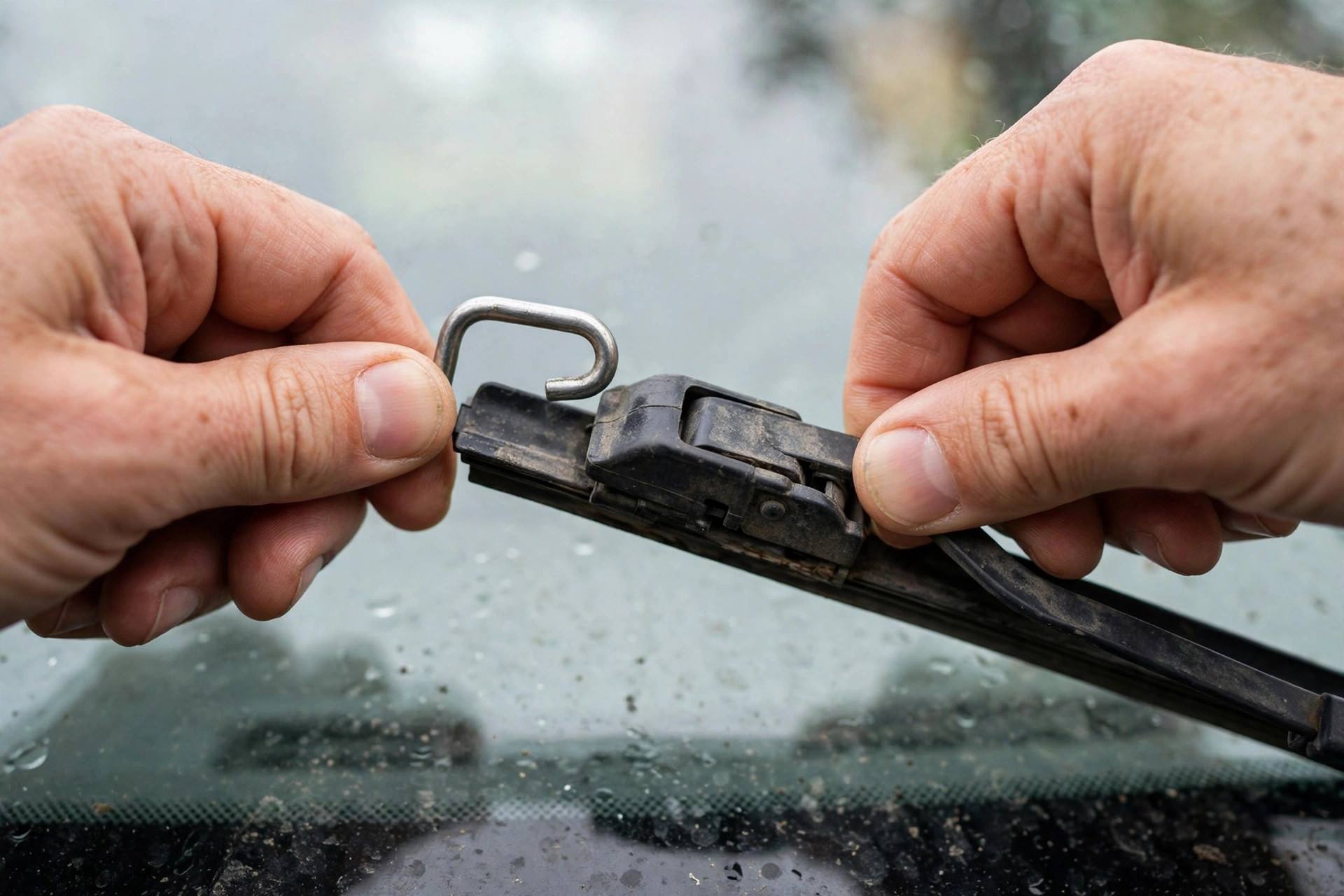 Close-up of hands detaching an old wiper blade from the J-hook wiper arm on a car windshield
