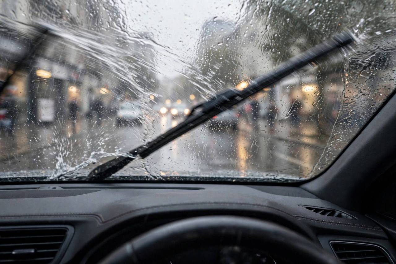 Car windshield with new wiper blades mid-swipe clearing rain, viewed from inside the vehicle