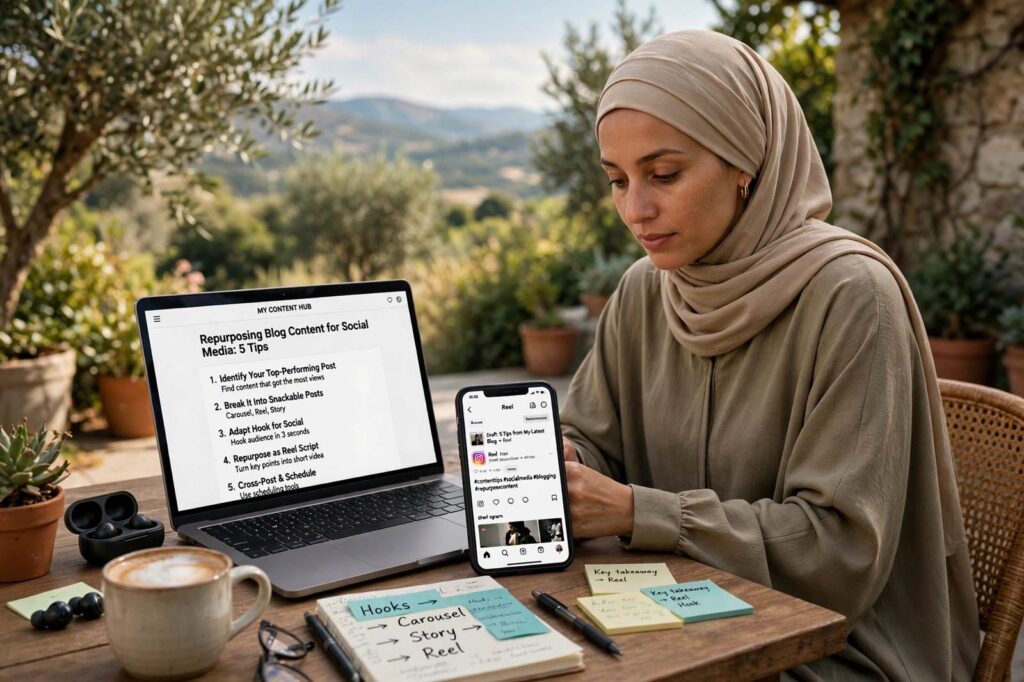 Blogger repurposing blog content for social media posts