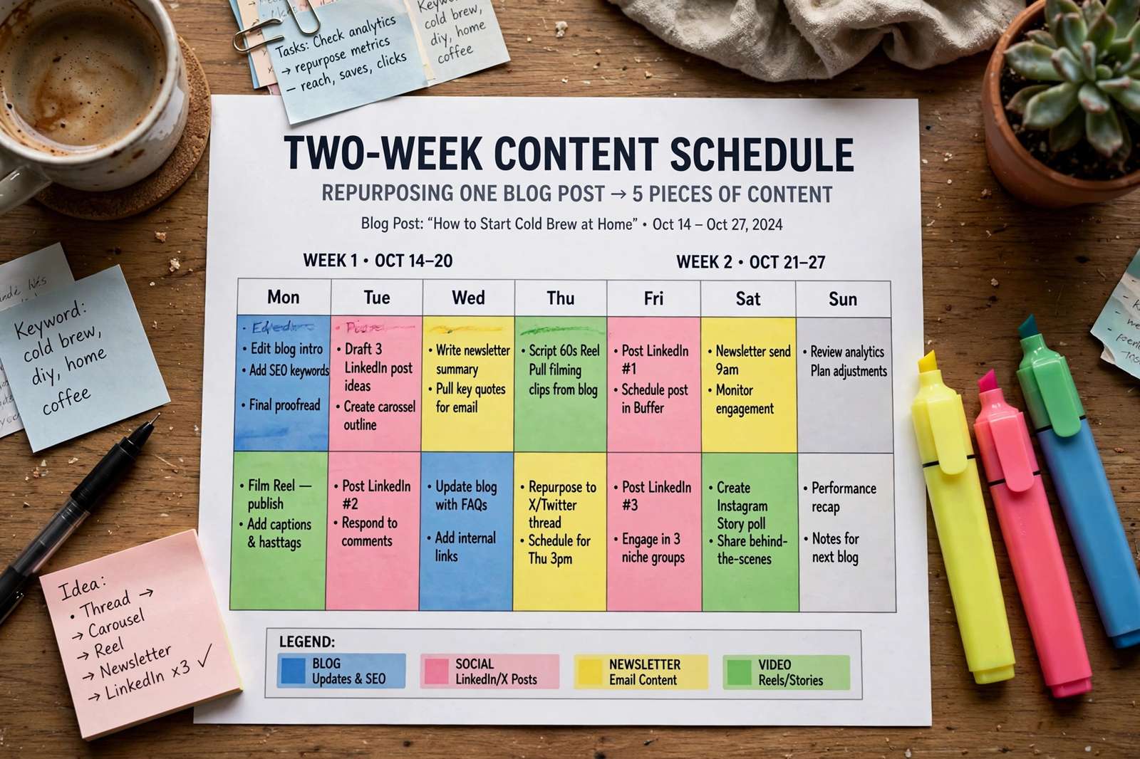 Two-week content schedule repurposing one blog post