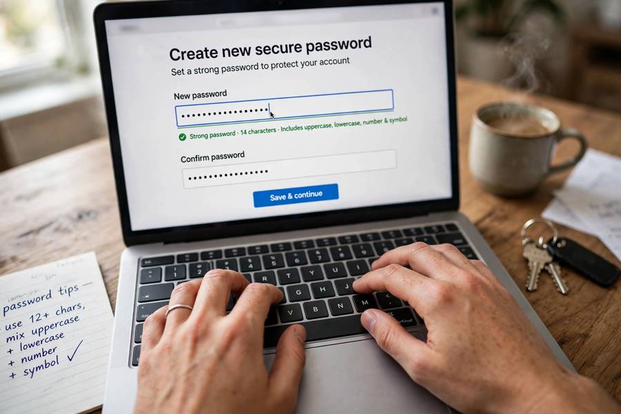 Hands typing a new secure password on a laptop