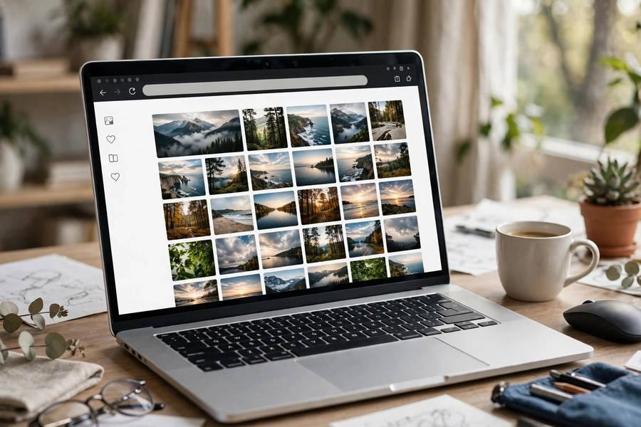 iCloud Photos library open in a web browser on a laptop