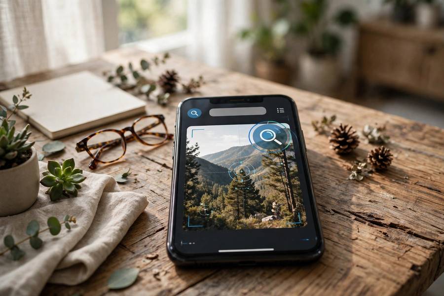 Smartphone displaying a photo being analyzed for reverse image search