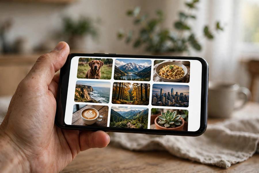 Hand holding a smartphone using Google Lens to reverse search a photo on screen